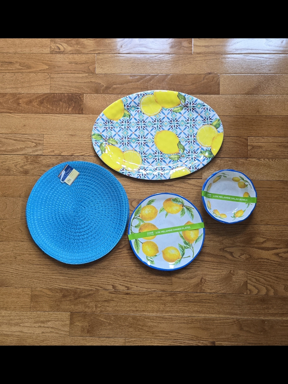 Lemon Print Melamine Serving Set with Blue Placemat